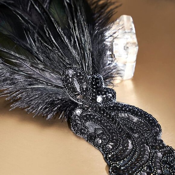 1920s Flapper Headband Black Feather Headpiece 20s Gatsby Accessory - Picture 3 of 6